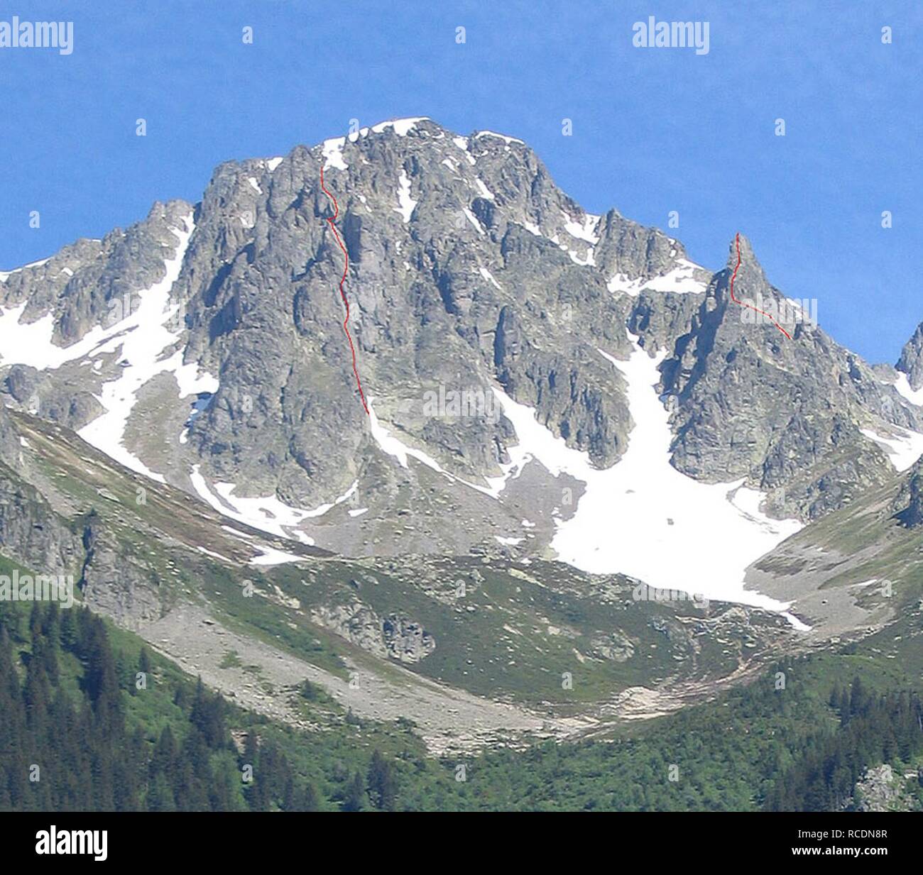 Aiguille de la Glière vue depuis Les Praz. Stockfoto
