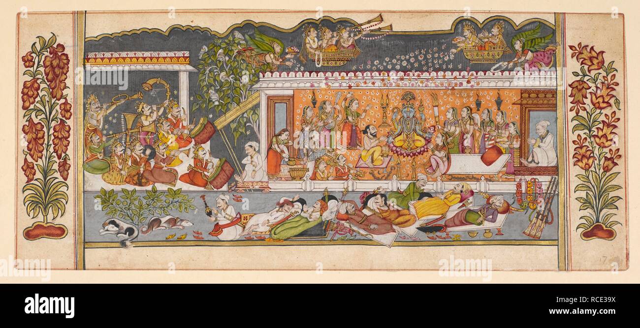Dem Kind Krishna selbst offenbart wie Visnu, Vasudeva und Devaki im Gefängnis, während die Wachen draussen im Vordergrund schlafen. c 1780. opak Aquarell. Quelle: Hinzufügen. Oder 13. Autor: Anon. Stockfoto