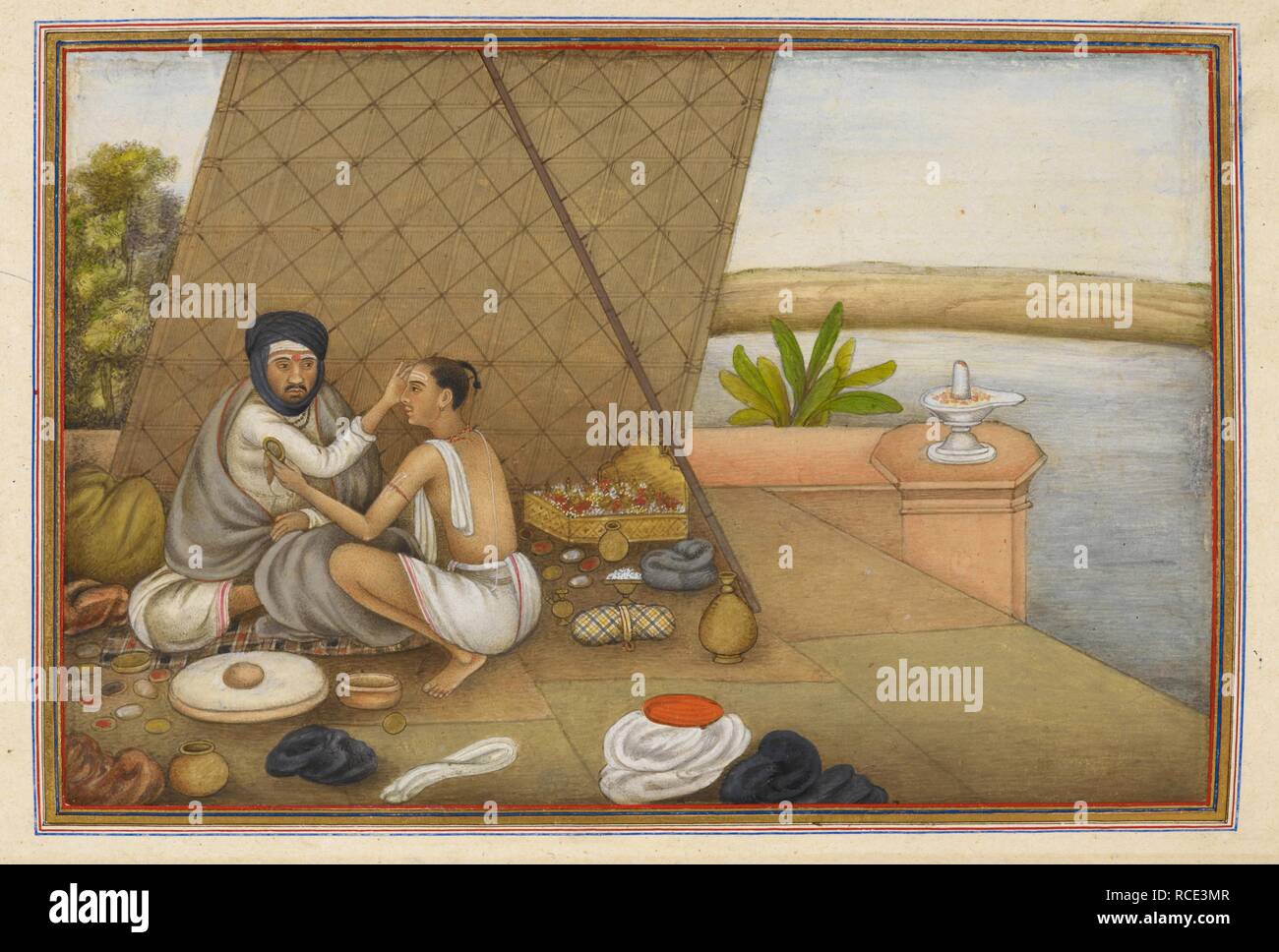 Mann an einem pilger. Tashrih al-aqvam, ein Konto von Herkunft und Berufe von einigen der Sekten, Kasten und Stämme von Indien. Bei Hansi Cantonment, Gurgaon Distrikt, 85 km nord-westlich von Delhi für Oberst James Skinner geschrieben. 1825. Gangaputra, einer Klasse von Brahmanen, die Pilger besuchen. Ein Gemälde von einem Manuskript von Tashrih al-aqvam, ein Bericht über die Herkunft und Berufe von einigen der Sekten, Kasten und Stämme von Indien. Bild aus Tashrih al-aqvam. Ursprünglich veröffentlicht in Indien, 1825 produziert. . Quelle: Hinzufügen. 27255, f. 290 v. Sprache: Persisch. Stockfoto