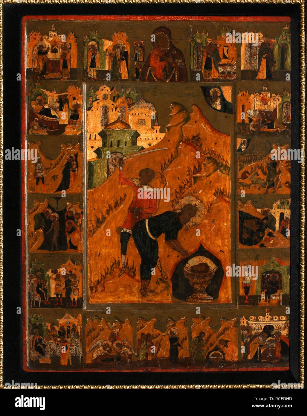 Die Enthauptung des Heiligen Johannes des Täufers mit dem Feodorovskaya Mutter Gottes. Museum: private Sammlung. Thema: russische Ikone. Stockfoto