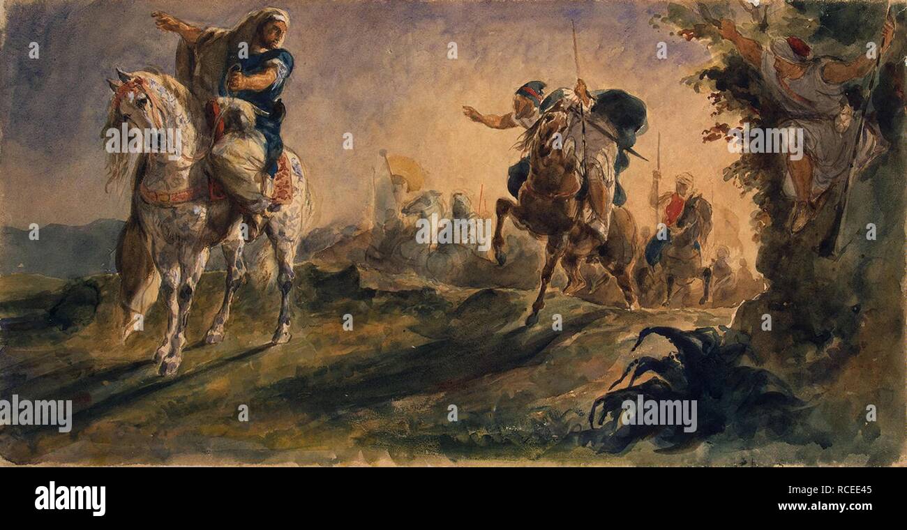 Arabische Reiter auf Scouting Mission. Museum: Staatliche Eremitage, St. Petersburg. Autor: DELACROIX, Eugene. Stockfoto