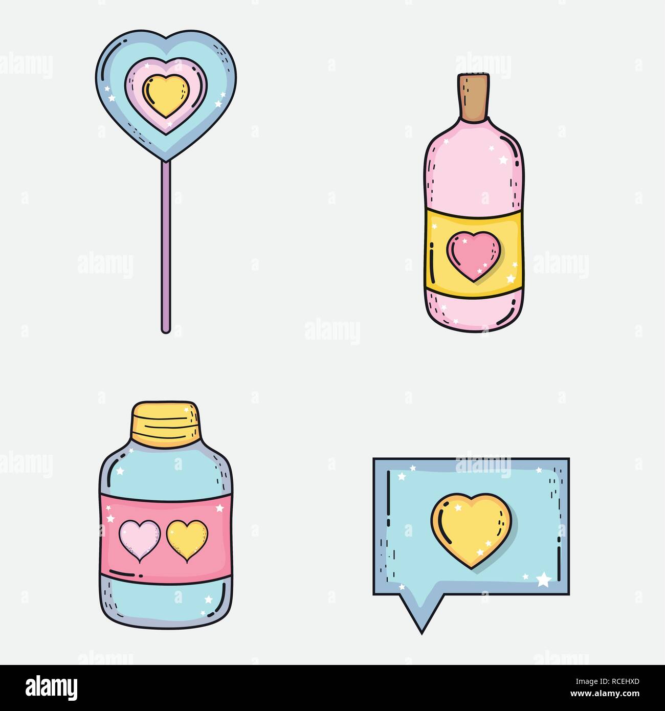 Herz Lutscher und Flasche mit Liebe Pillen und Trank Stock Vektor
