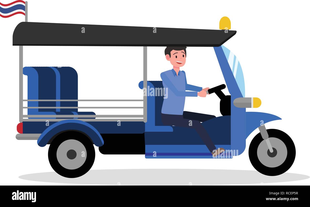 Tuk TukThailand Design mit Fahrer und isoliert weißer Hintergrund Vektor. Taxifahrer Bangkok Thailad. Stock Vektor