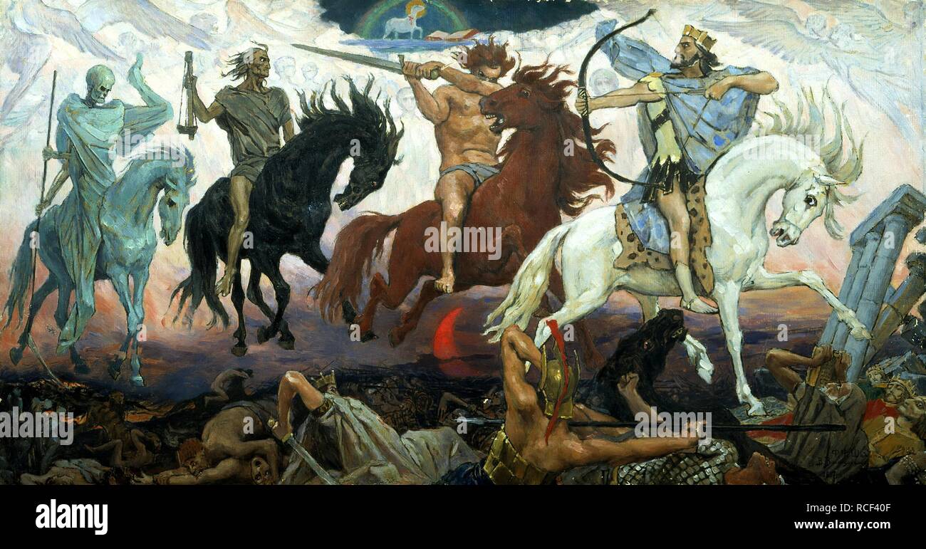 Die vier Reiter der Apokalypse. Museum: Staatliches Museum für Religionsgeschichte, St. Petersburg. Autor: Vasnetsov, Viktor MIKHAYLOVICH. Stockfoto