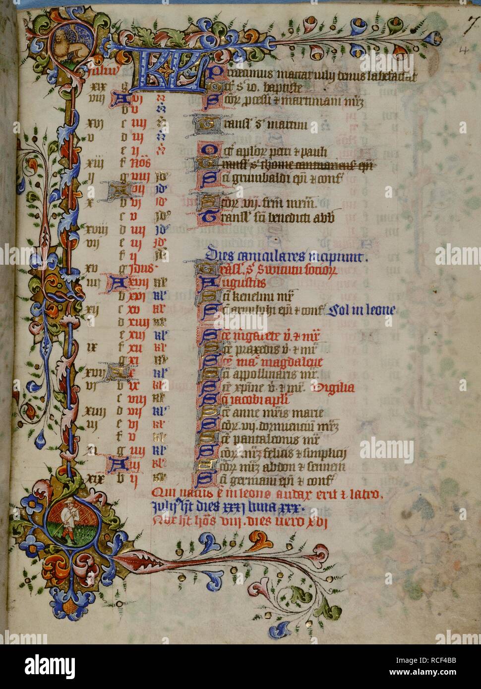 Kalenderblatt für Juli. Stunden von Elizabeth die Königin. England [London]; ca. 1420-1430. Quelle: Hinzufügen. 50001, f 4. Sprache: Latein. Stockfoto