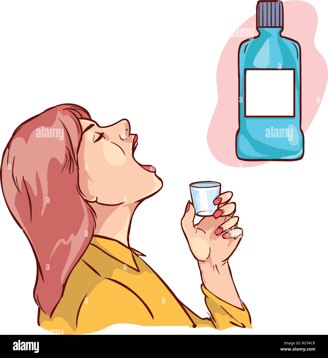 Nahaufnahme einer Mitte erwachsenen Frau trinken aus einem Becher Mundwasser Stock Vektor