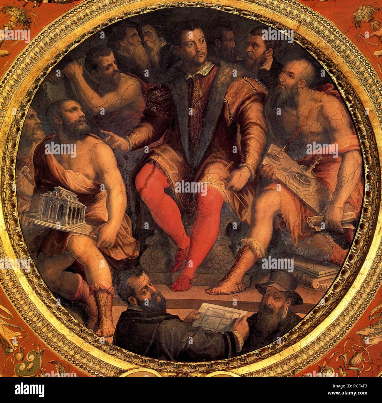 Cosimo I de' Medici umgeben von seinem Architekten, Ingenieure und Bildhauer (TONDO). Museum: Palazzo Vecchio, Florenz. Autor: VASARI, Giorgio. Stockfoto