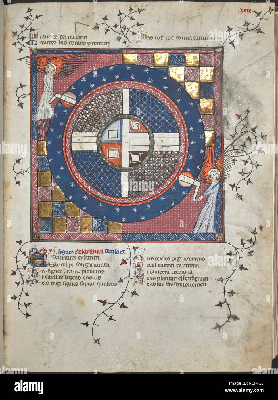 (Ganze folio) zwei Engel des Universums. Eine Miniatur, die die Bewegung der Himmel mit zwei Engel Drehen der Handgriffe für eine große Maschine, die Macht der Sterne kreisen. Breviari d'Amors. S. Frankreich (Languedoc); Anfang des 14. Jahrhunderts. Quelle: Harley 4940, f, 28. Sprache: Französisch (ProvenÃ§al). Thema: matfre Ermengaud,. Stockfoto