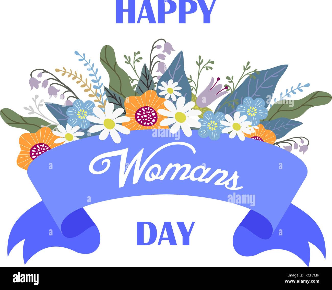 Happy womans Tag, Floral Hand zeichnen Design Konzept, Blumenstrauß und Band mit Text auf einem weißen Hintergrund, Vektor Stock Vektor
