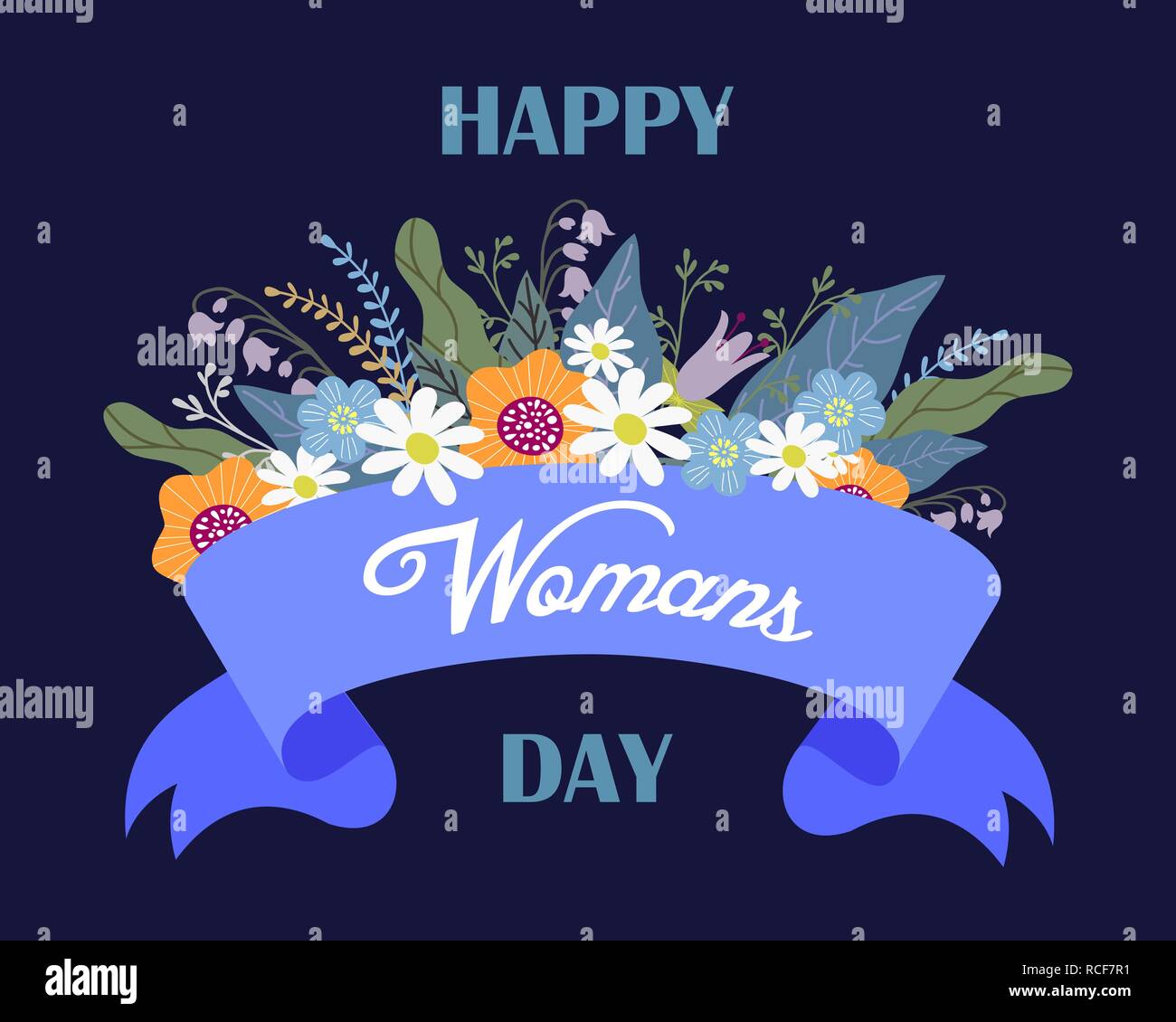 Happy womans Tag, Floral Hand zeichnen Design Konzept, Blumenstrauß und Band mit Text-, Vektor Stock Vektor
