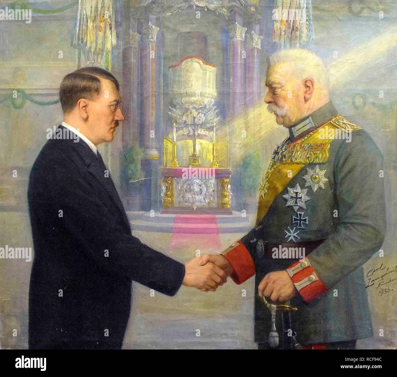 Adolf Hitler und Paul von Hindenburg geben sich die Hände. Museum: private Sammlung. Autor: LANGHORST, Carl. Stockfoto