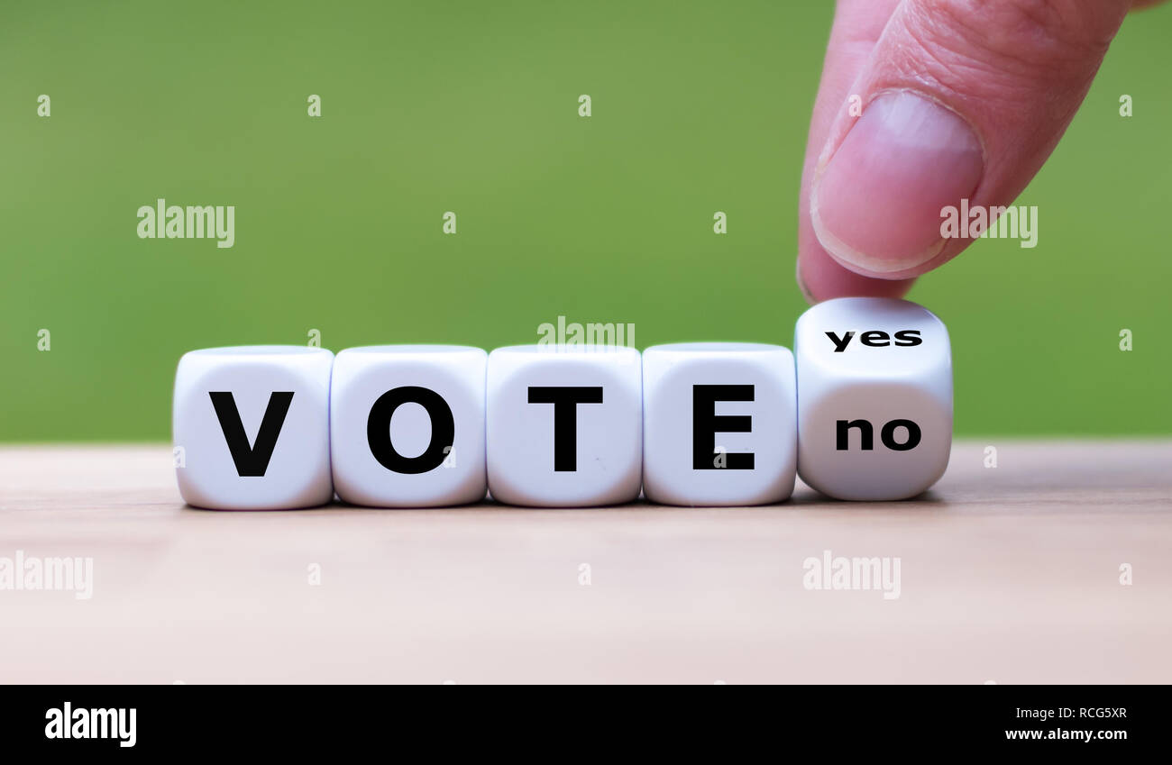 , Abzustimmen oder nicht? Hand einen Würfel und Änderungen das Wort "Nein" auf "Ja" (oder umgekehrt) Stockfoto