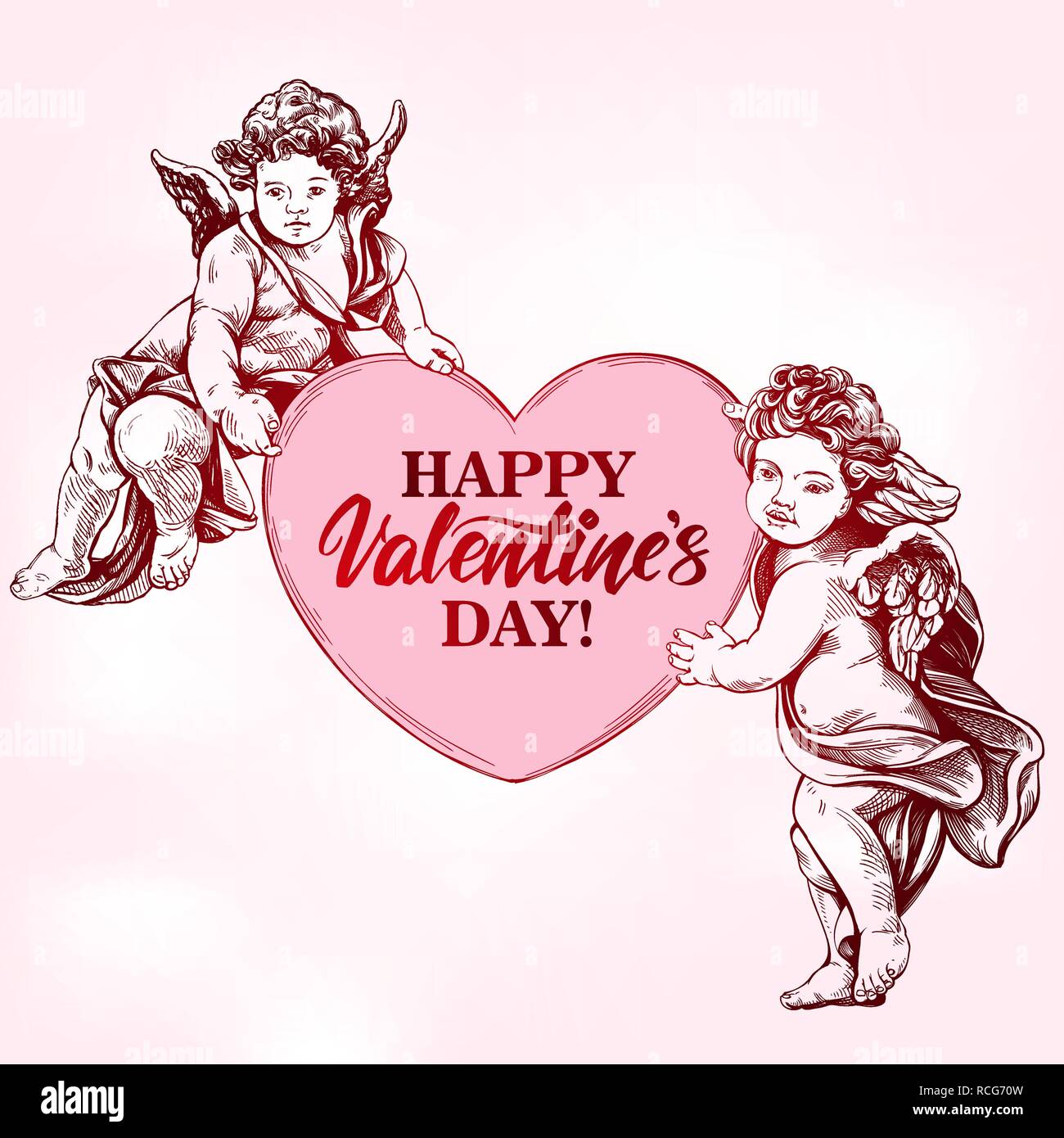 Engel oder Amor, kleines Baby hält ein Herz, Valentinstag, Liebe, Grußkarte Hand gezeichnet Vektor-illustration realistische Skizze Stock Vektor