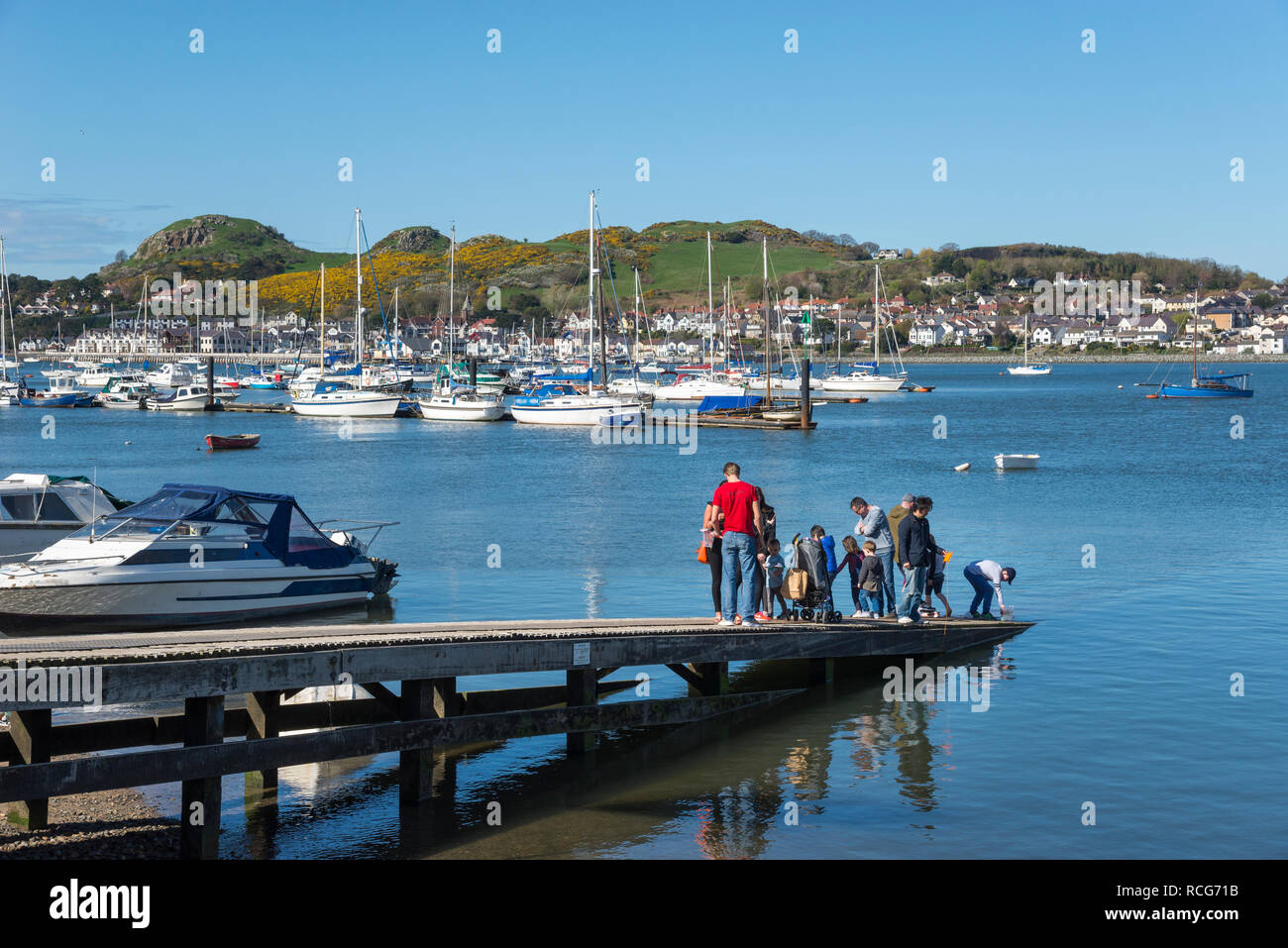 Einen schönen sonnigen Frühling in Conwy Hafen an der Küste von North Wales. Familien Krabben vom Pier aus. Stockfoto
