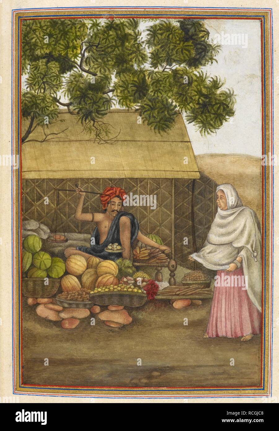 Â € "Kunjraâ €™, eine Berufsgruppe vertreten durch einen Gemüsehändler. Tashrih al-aqvam, ein Konto von Herkunft und Berufe von einigen der Sekten, Kasten und Stämme von Indien. Bei Hansi Cantonment, Gurgaon Distrikt, 85 km nord-westlich von Delhi für Oberst James Skinner geschrieben. 1825. Quelle: Hinzufügen. 27255, f 234 v. Sprache: Persisch. Autor: Anon. Stockfoto