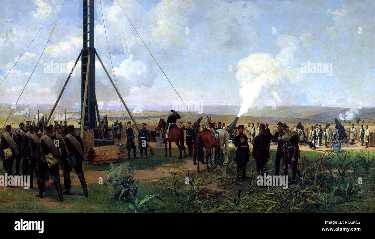 Die Russische Artillerie in der Schlacht von Plewen 1877. Museum: Staatliche zentrale artillerie Museum, St. Petersburg. Autor: Dmitriev-Orenburgsky, Nikolai Dmitrievich. Stockfoto