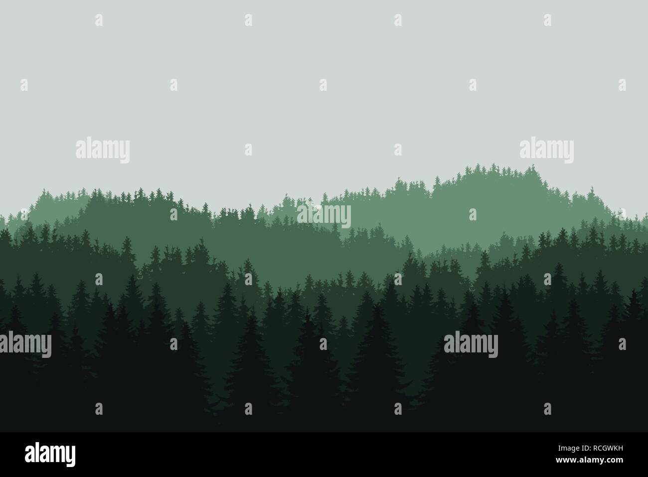 Flache realistische Abbildung eines grünen Berglandschaft mit Nadelwald mit Bäumen und Hügeln unter grauem Himmel - Vektor Stock Vektor