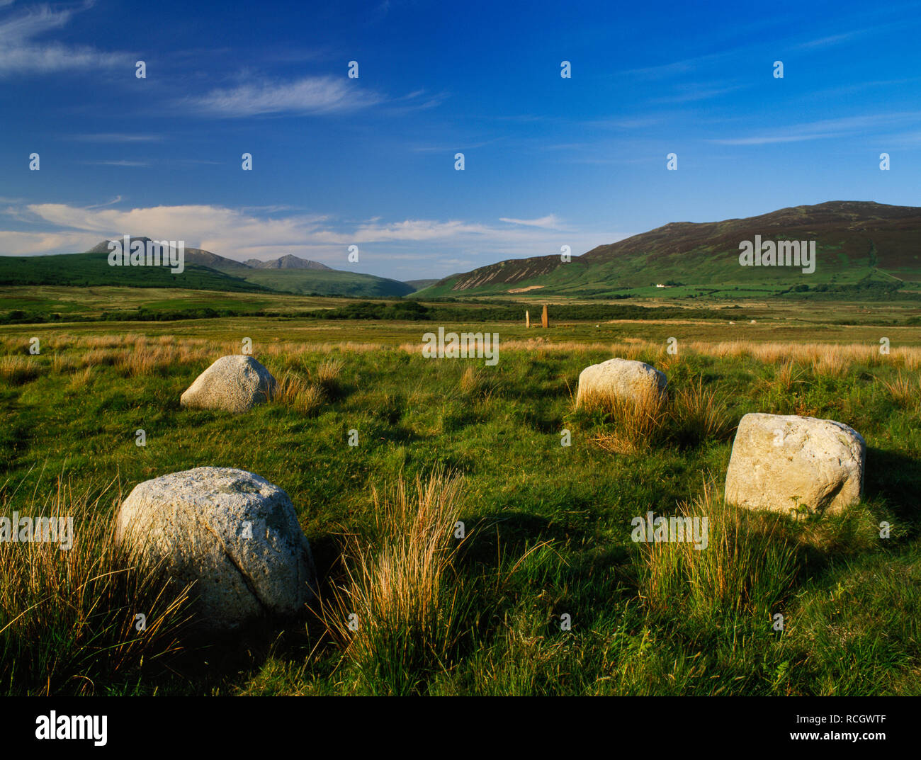 Machrie Moor Steinkreise, Isle of Arran, Schottland, Großbritannien: Vier (es kann eine fünfte Stein auf SW wurden) Granitfelsen der Kreis IV NE Ziege fiel. Stockfoto