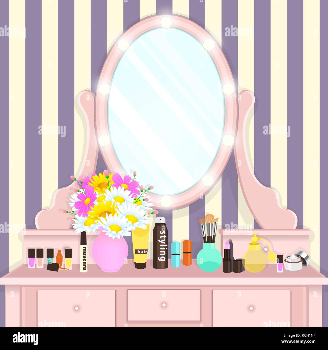 Frisiertisch mit Spiegel mit Beleuchtung, weibliche Boudoir für die Anwendung von Make-up, Zeichnung, Vector Illustration. Rosa Tisch und Spiegel mit Glühlampen Stock Vektor