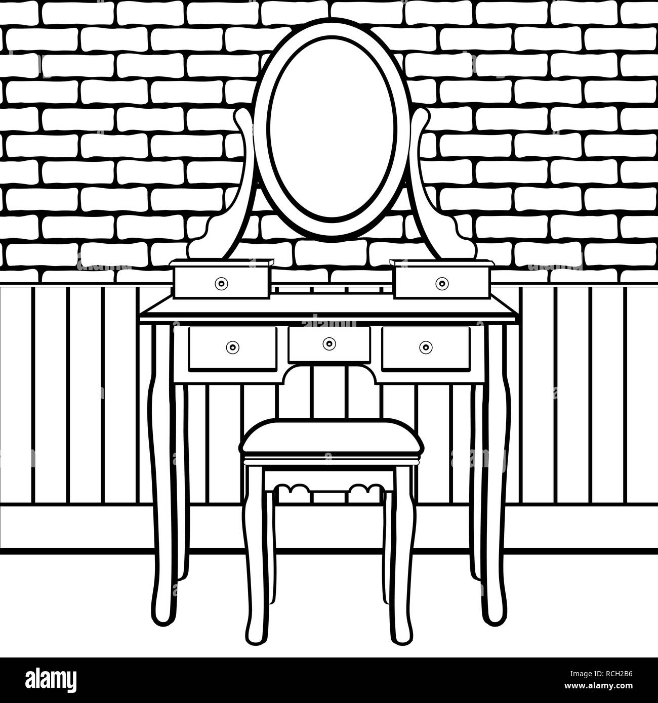 Schminktisch mit Spiegel, weibliche Boudoir für die Anwendung von Make-up, Färbung, Skizze, Kontur schwarz-weiss Zeichnung, Vector Illustration. Tabelle mit Sie Stock Vektor