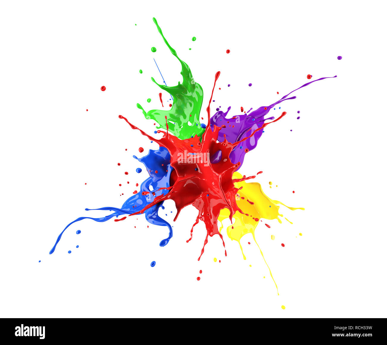 Rot, Blau, Violett, Gelb und Grün Farbe splash Explosion, Spritzer Gegeneinander. isoliert auf Weiss. Stockfoto