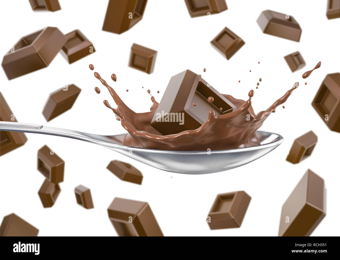 Viele Schokolade Würfel unten fallen. Ein Spritzer in einem Löffel mit flüssiger Schokolade. Auf weissem Hintergrund. Beschneidungspfad enthalten. Stockfoto