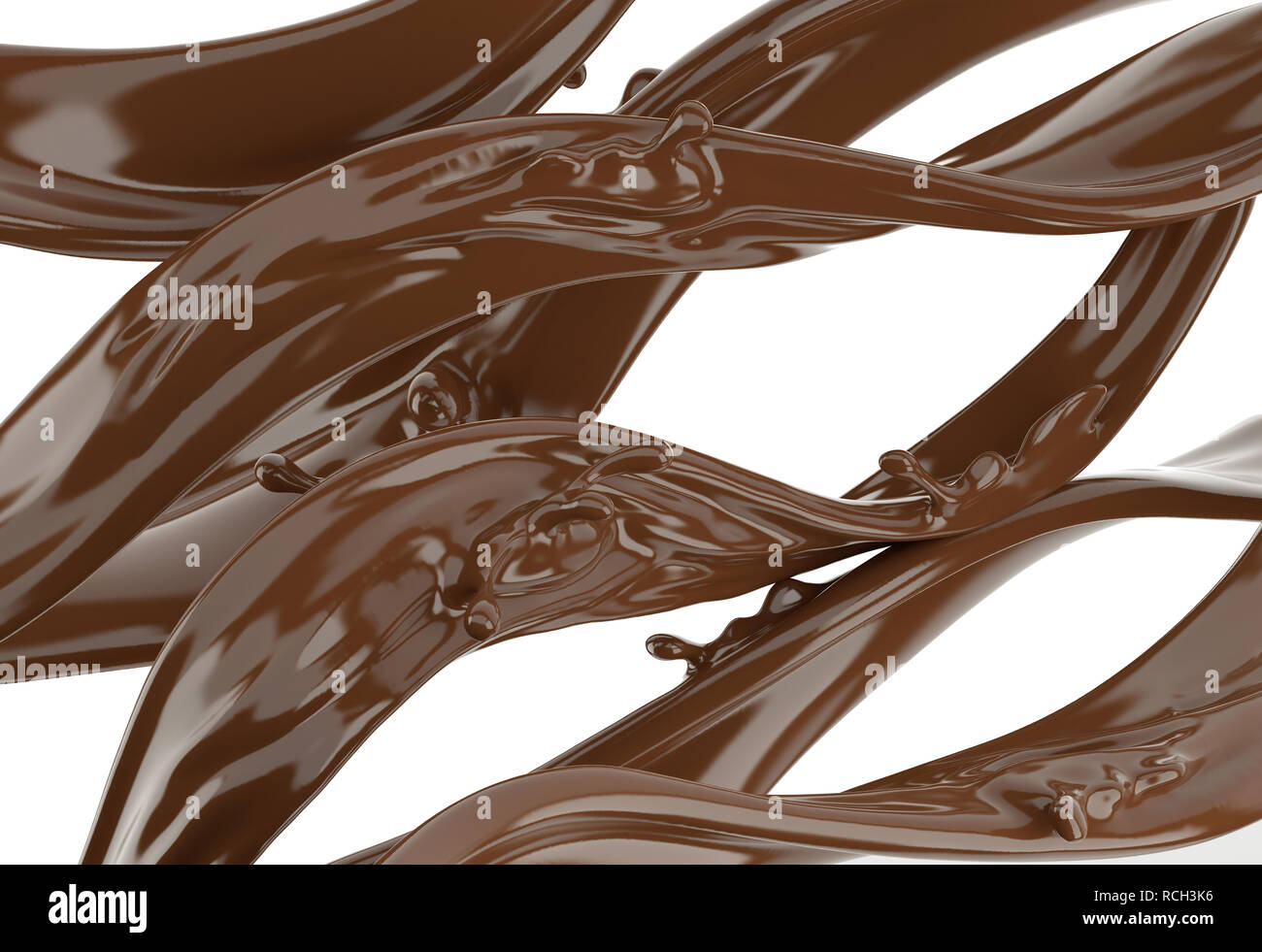 Flüssige Schokolade wellen Streifen mit wenig spritzt. Auf weissem Hintergrund. Beschneidungspfad enthalten. Stockfoto