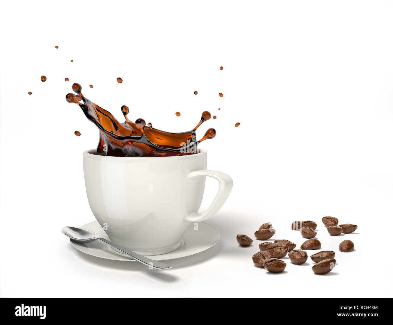 Flüssiger Kaffee Spritzen in eine weiße Tasse mit Untertasse und Löffel, mit Kaffee Bohnen neben auf dem Boden. Stockfoto