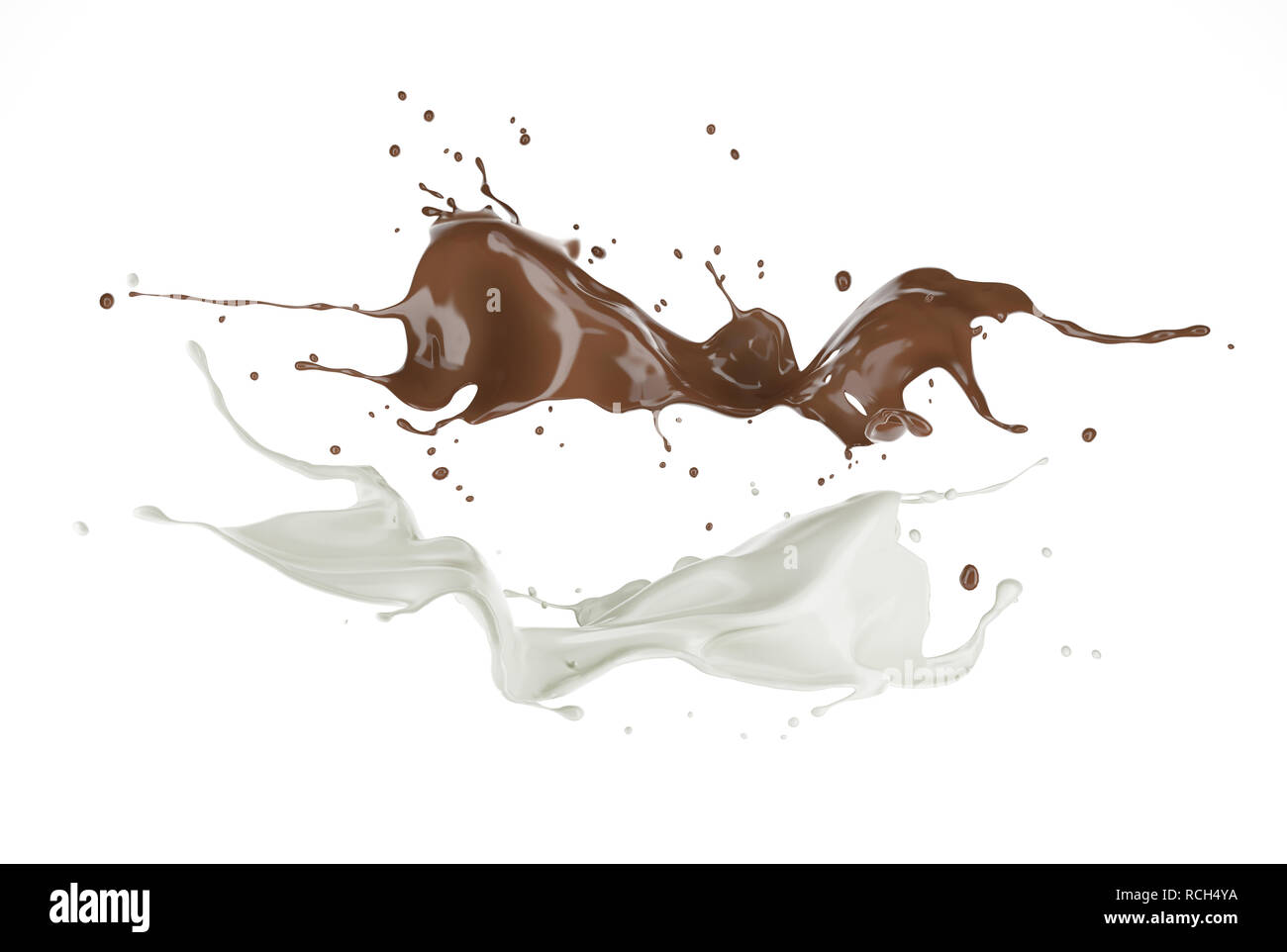 Milch und Schokolade, oder malen Sie Spritzer fliegen in der Luft. Auf weissem Hintergrund. Stockfoto