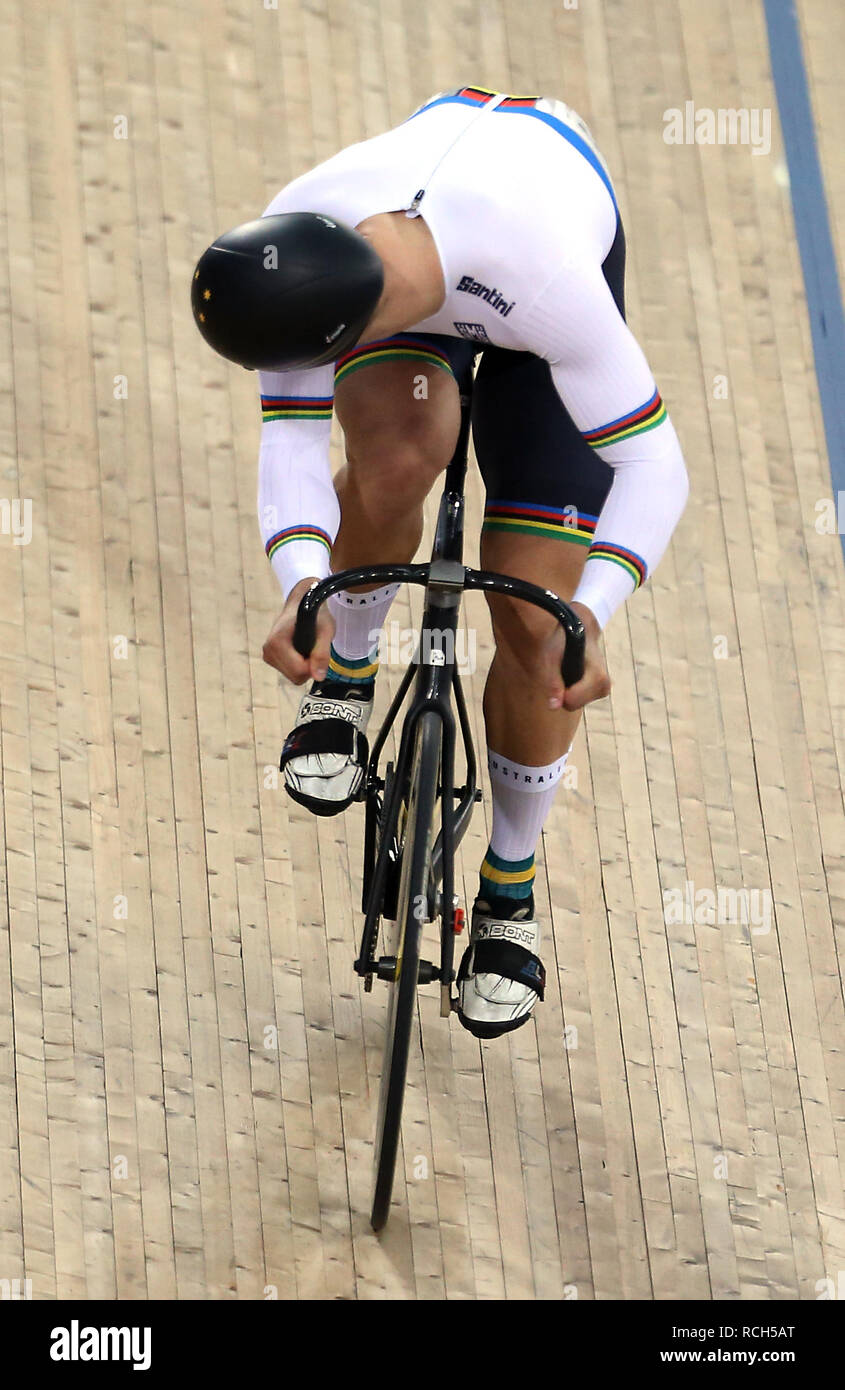 Matthäus Glaetzer von Australien am Tag drei der Tissot UCI Track Cycling World Cup bei Lee Valley VeloPark, London. Stockfoto