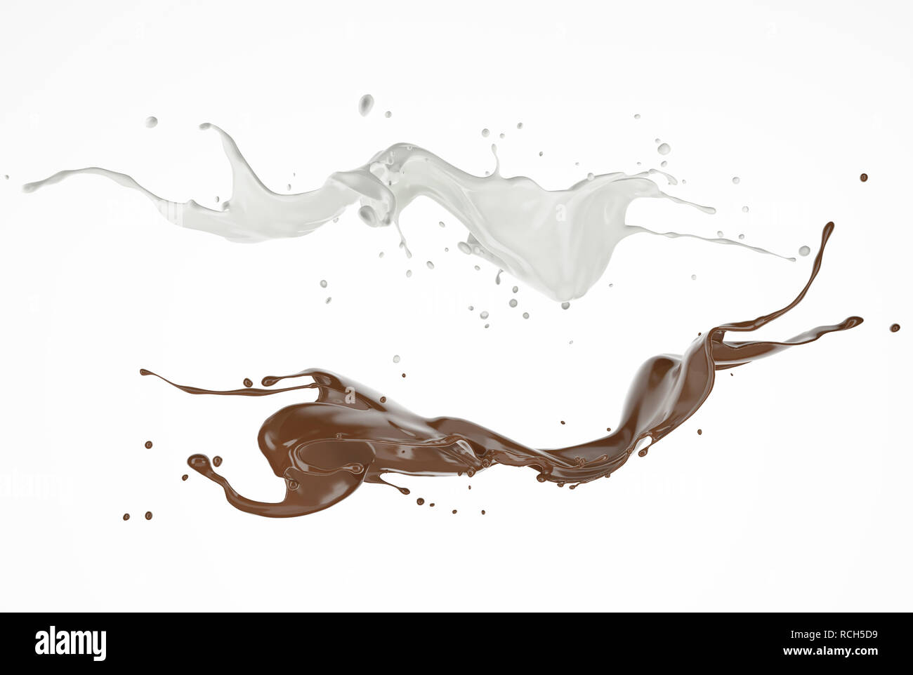 Milch und Schokolade, oder malen Sie Spritzer fliegen in der Luft. Auf weissem Hintergrund. Stockfoto