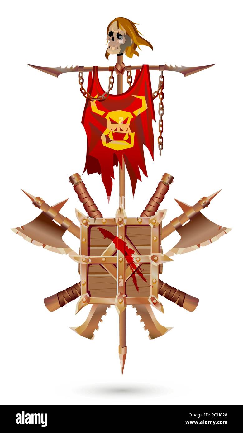 Wappen fantasy Stil. Etwa Waffen, bedeckt mit Rost auf einem weißen Hintergrund. Schild, Schwert, Axt, Standard mit einem Totenkopf und Ketten. Stock Vektor