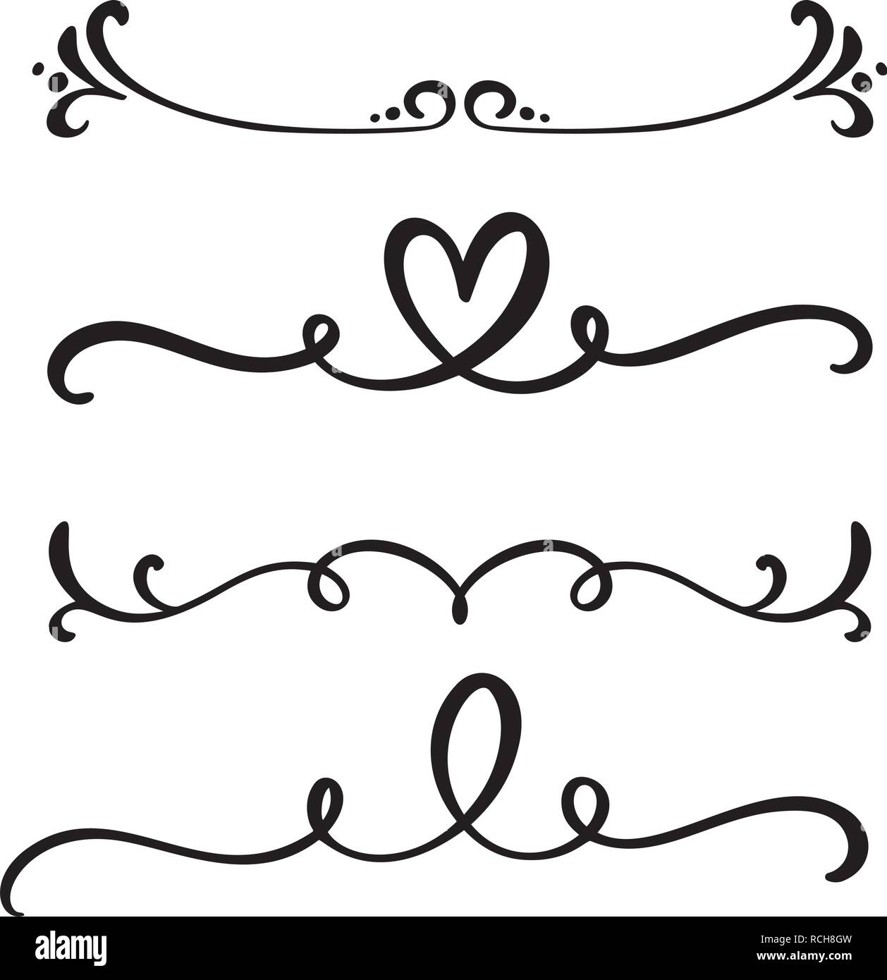 Vector vintage Line elegante Teiler und Separatoren, Strudel und Ecken dekorativen Ornamenten. Florale Herz Linien filigrane Designelemente. Gedeihen Elemente für die Einladung oder Menü Seite Abbildung: curl Stock-Vektorgrafik