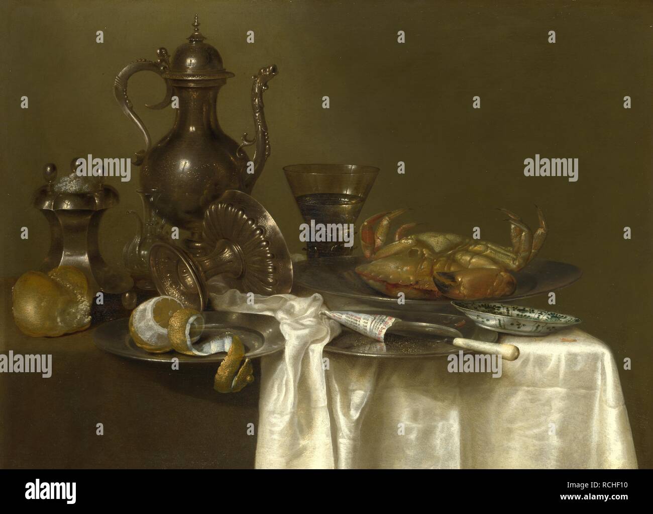 Still Life: Zinn, Silber Schiffe und eine Krabbe. Museum: National Gallery, London. Autor: HEDA, Willem Claesz. Stockfoto