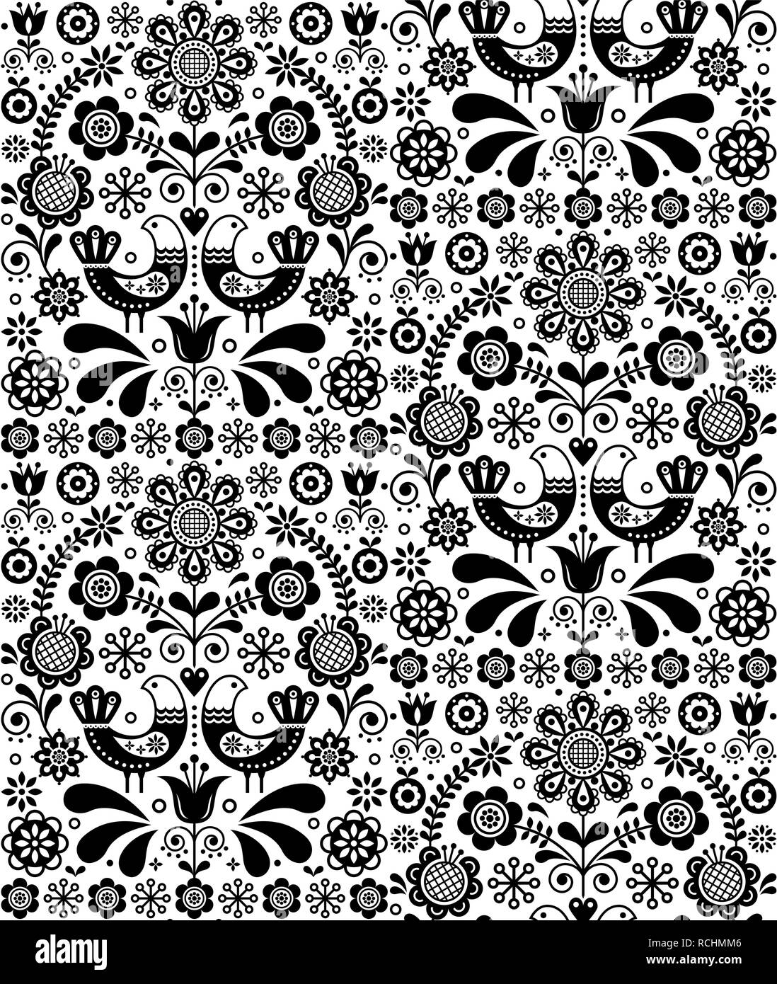Skandinavische nahtlose Volkskunst Vektor florale Muster, sich wiederholende Hintergrund mit Vögel und Blumen, monochrome Ornament. Dekorative Blumen ethnischen Wand Stock Vektor