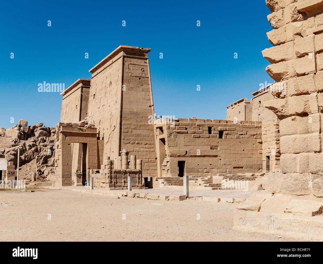 Die antiken Tempel von Philae bei Assuan in Ägypten eine der wichtigsten Sehenswürdigkeiten in Ägypten Stockfoto