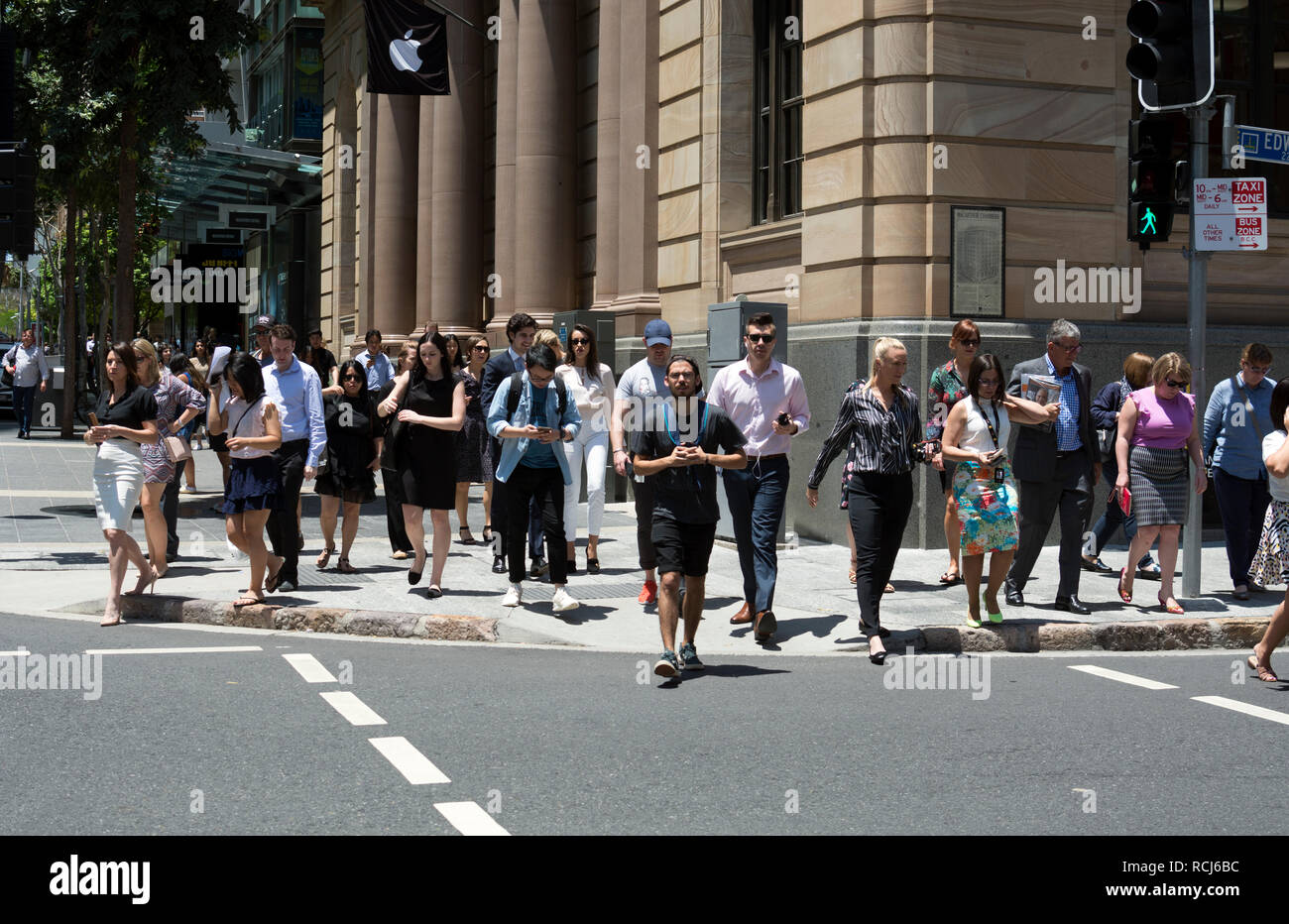 Überqueren von Edward Straße an einem fußgängerüberweg, Brisbane, Queensland, Australien Stockfoto