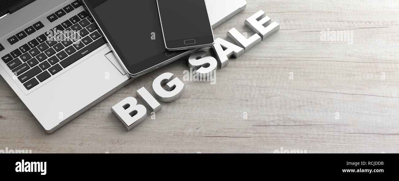Online shopping Verkauf Konzept. Text big verkauf Buchstaben und elektronischen Geräten auf einem Holztisch, Banner. 3D-Darstellung Stockfoto