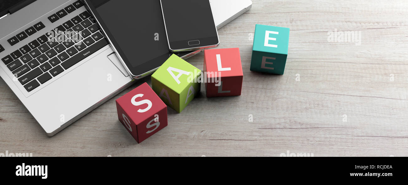 Online shopping Verkauf Konzept. Text verkauf Buchstaben auf bunte Würfel und elektronischen Geräten auf einem Holztisch, Banner. 3D-Darstellung Stockfoto