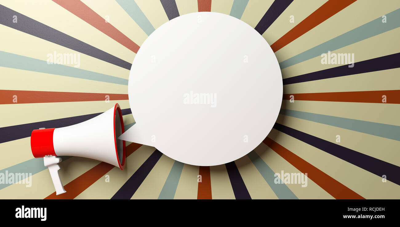 Megaphon leere Blase. Megaphon und leere Blase auf Zirkus retro Hintergrund, kopieren. 3D-Darstellung Stockfoto