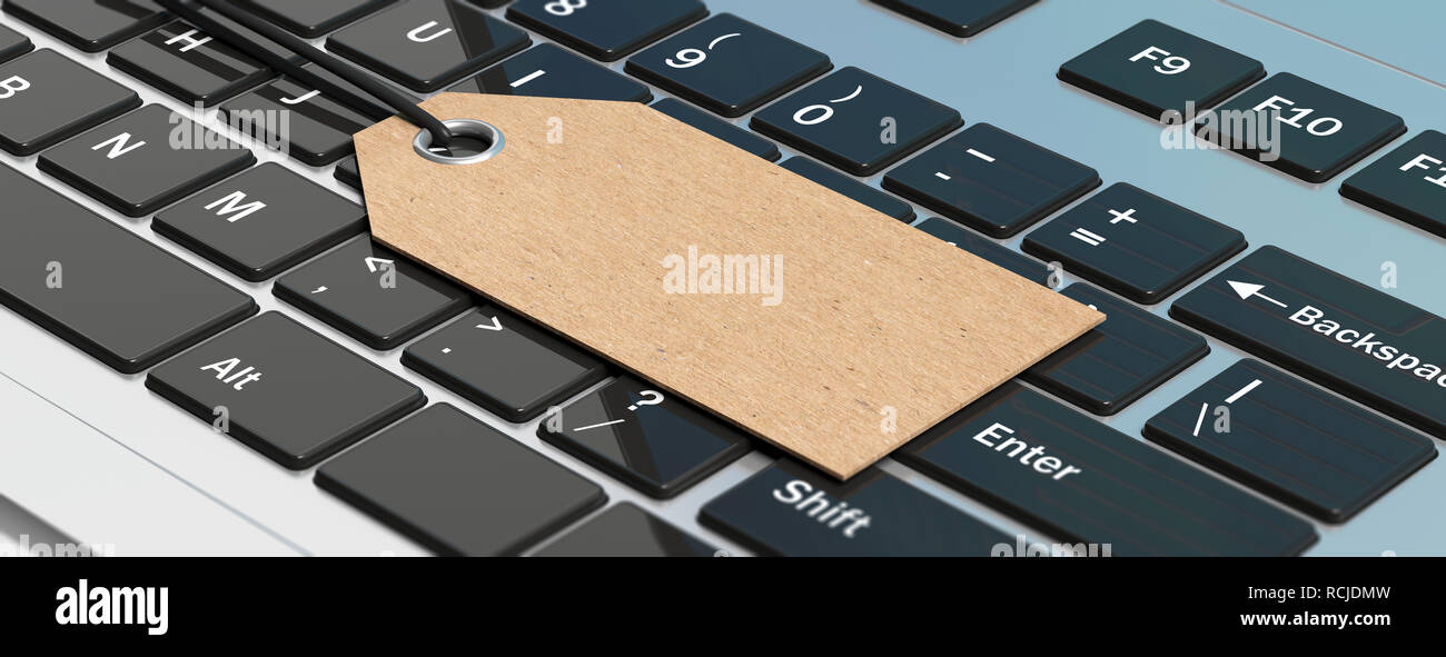 Online shopping Verkauf Konzept. Leeres Papier Geschenk Tag auf einem Computer Laptop Tastatur, Banner. 3D-Darstellung Stockfoto