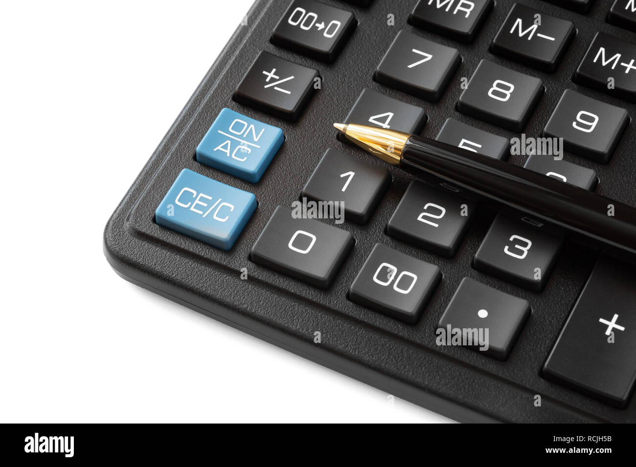 Teil der Tastatur eines mathematischen Taschenrechner mit einem Stift liegen auf es Stockfoto