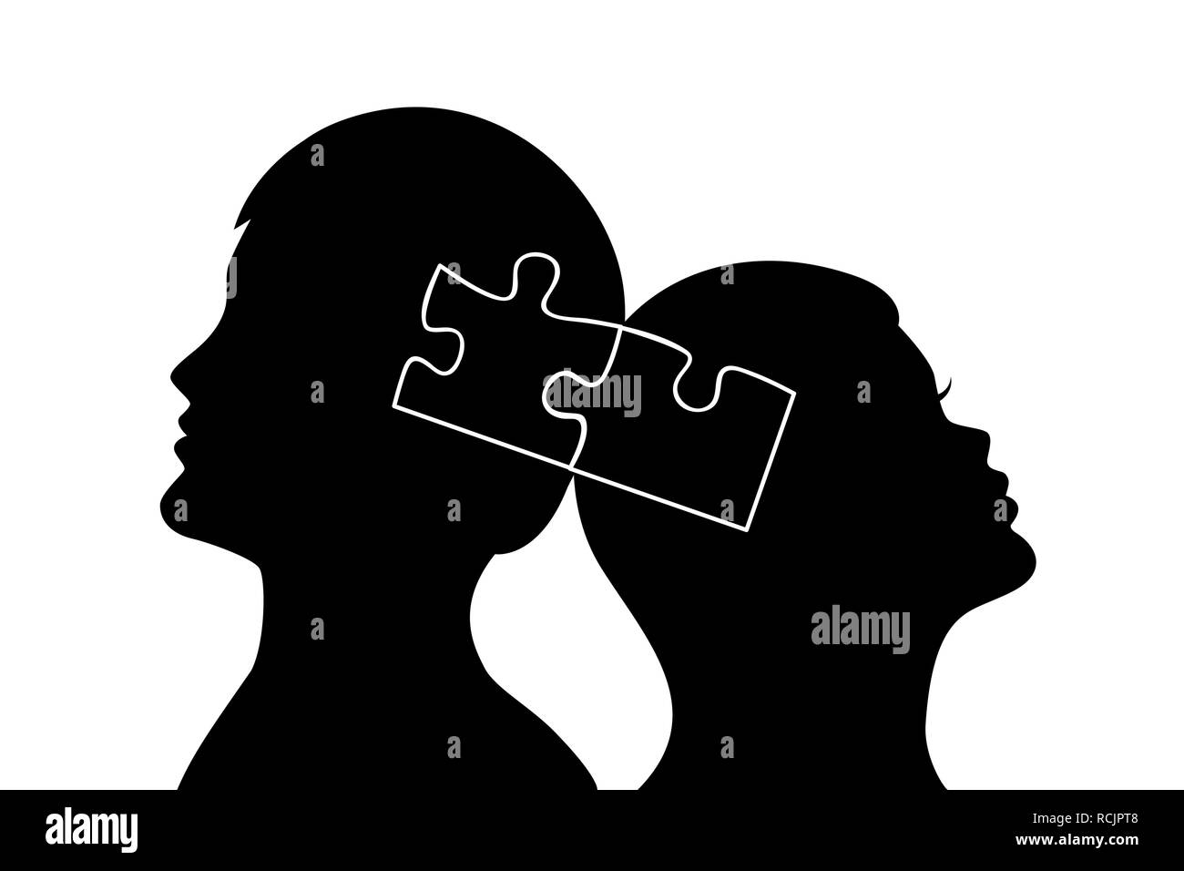 Silhouette der junge Mann und die Frau in der Liebe mit puzzle Vector Illustration Stock Vektor