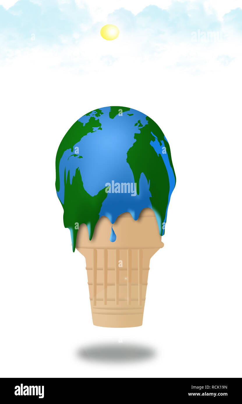 Die globale Erwärmung ist mit einem schmelzenden Eis und das Eis scheint auch ein Globus Karte der Erde dargestellt. Dies ist eine Abbildung. Stockfoto