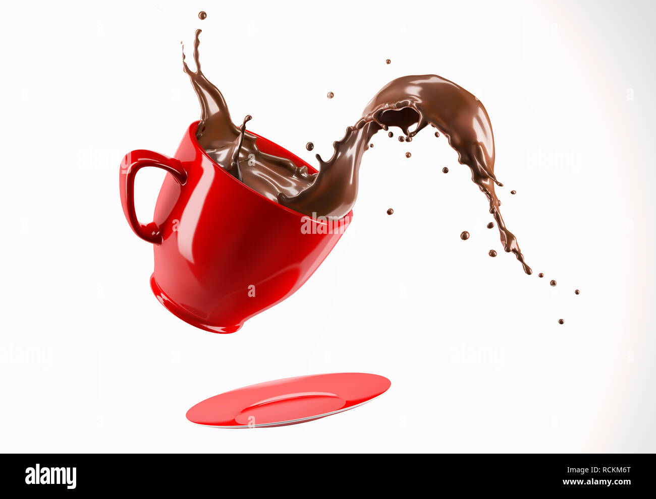 Red Porzellanbecher Tasse und Untertasse springen mit flüssiger Schokolade Wave splash. Auf weissem Hintergrund. Stockfoto