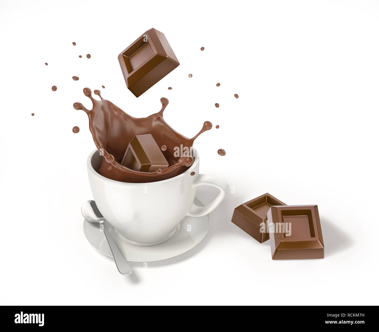 Schokolade Würfel in eine weiße Tasse mit flüssiger Schokolade splash fallen. Zwei andere Würfel neben. Auf weissem Hintergrund. Stockfoto