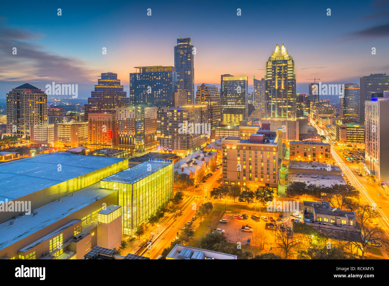 Austin, Texas, USA downtown Stadtbild in der Abenddämmerung. Stockfoto