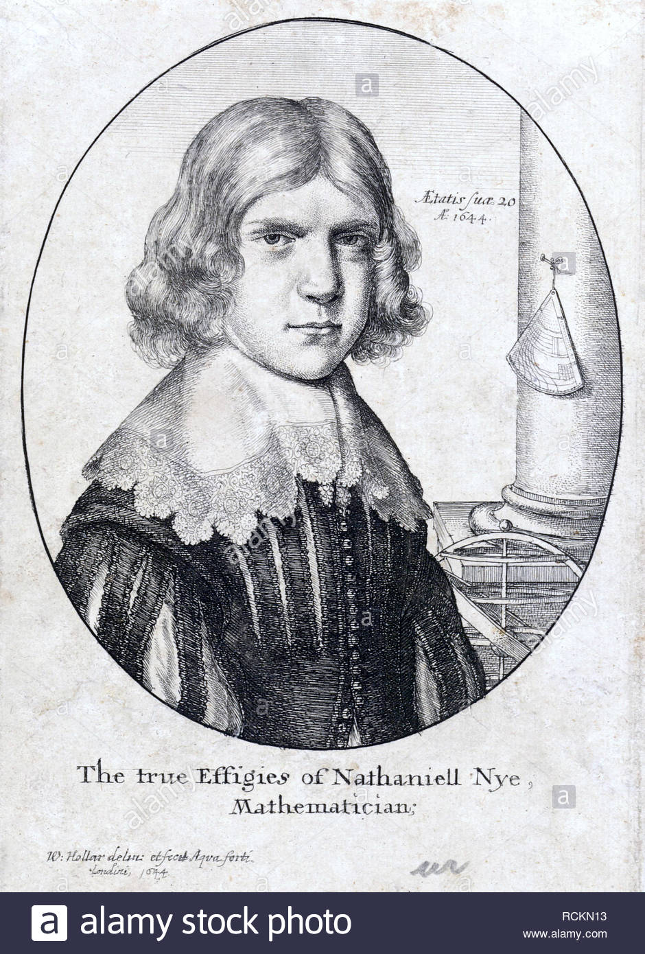 Nathaniel Nye Porträt, 1624 - nach 1647, war ein englischer Mathematiker, Astronom, Kartograph und Gunner, Radierung von Böhmische Kupferstecher Wenzel Hollar von 1644 Stockfoto