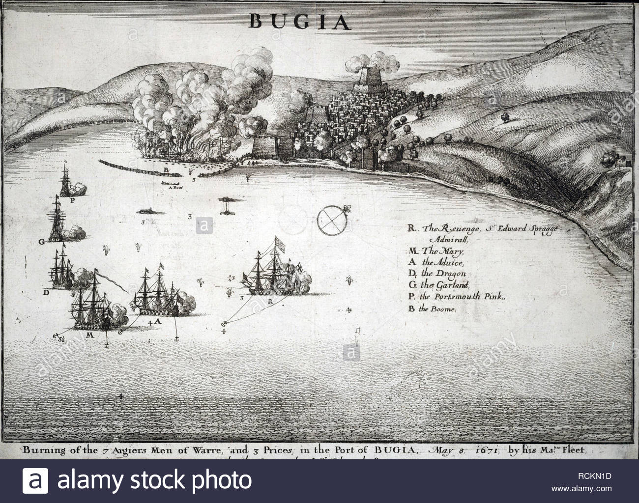 Seeschlacht bei Bugia ab 8. Mai 1671, Radierung von Böhmische Kupferstecher Wenzel Hollar aus 1600s Stockfoto
