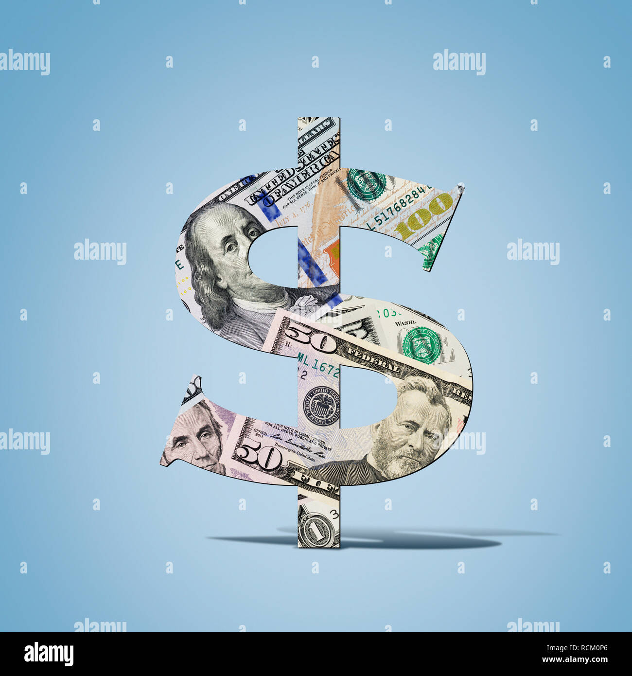 Uns Banknote in Form von Dollarzeichen, Computer generierten Bildes, grauer Hintergrund Stockfoto